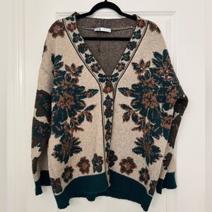 Zara Beige Floral Cozy Buttoned V Neck Oversized Cardigan Sweater
